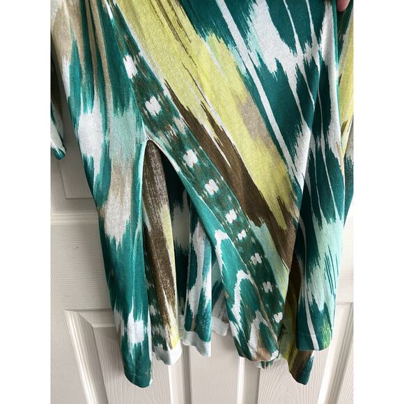CHICO’S Green Abstract Open Front Cotton Blend Gauze Longline Cardigan - Picture 4 of 10
